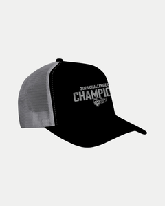 The Belfast Giants Made To Order Challenge Cup Champions 2025 Snapback Trucker features black and gray panels, white mesh sides, and "2025 Belfast Giants Challenge Cup Champions" embroidered on the front above a small logo.