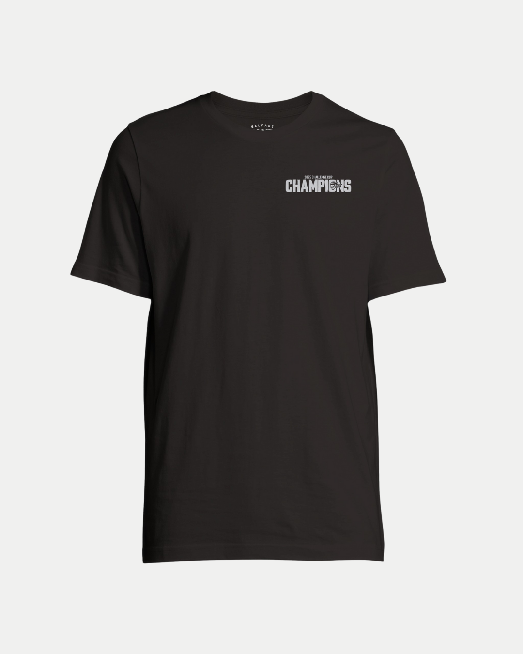 The Belfast Giants Made To Order Challenge Cup Champions 2025 T-Shirt in black features a minimal design with "CHAMPIONS" in small white text on the upper left chest, classic crew neckline, and is an eco-conscious, made-to-order unisex tee.