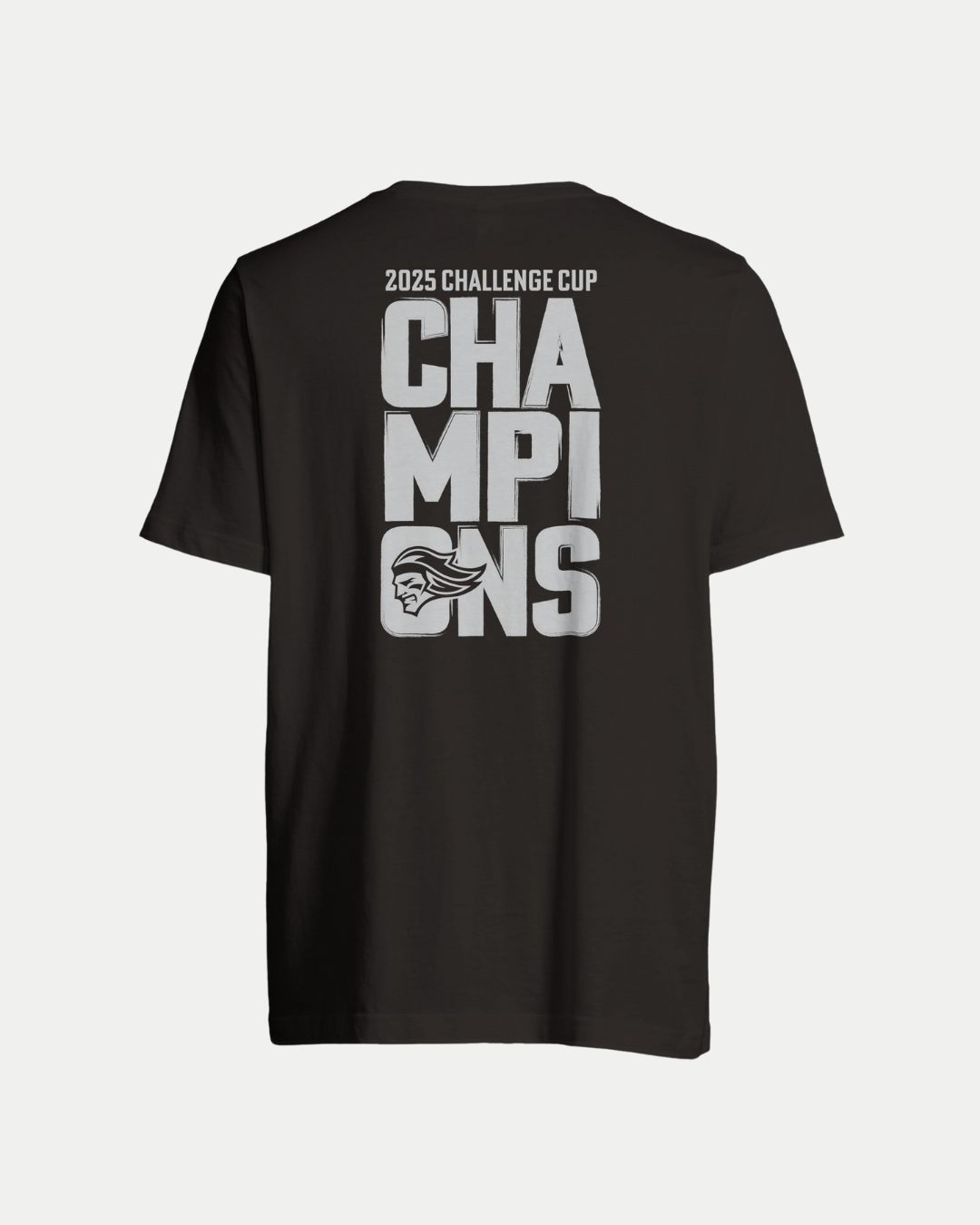 The Belfast Giants Made To Order Challenge Cup Champions 2025 T-Shirt in black is a unisex top featuring bold white “2025 CHALLENGE CUP CHAMPIONS” text on the back, with a stylized mascot logo integrated into the lettering.