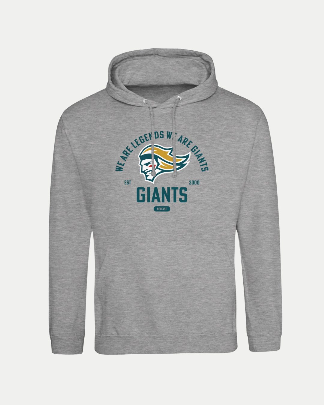 The Belfast Giants Made To Order Vintage Graphic Hoodie Grey is a unisex fit with a graphic face and bold blue/yellow "WE ARE LEGENDS WE ARE GIANTS, EST 2000" text—ideal for everyday comfort.