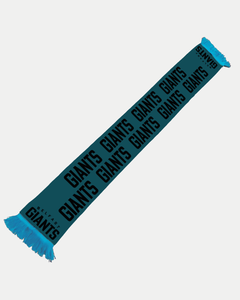 The Belfast Giants All Over Print Scarf from Belfast Giants Store by National Merchandise features teal and black colors, bold GIANTS lettering, and striking blue fringes at both ends.