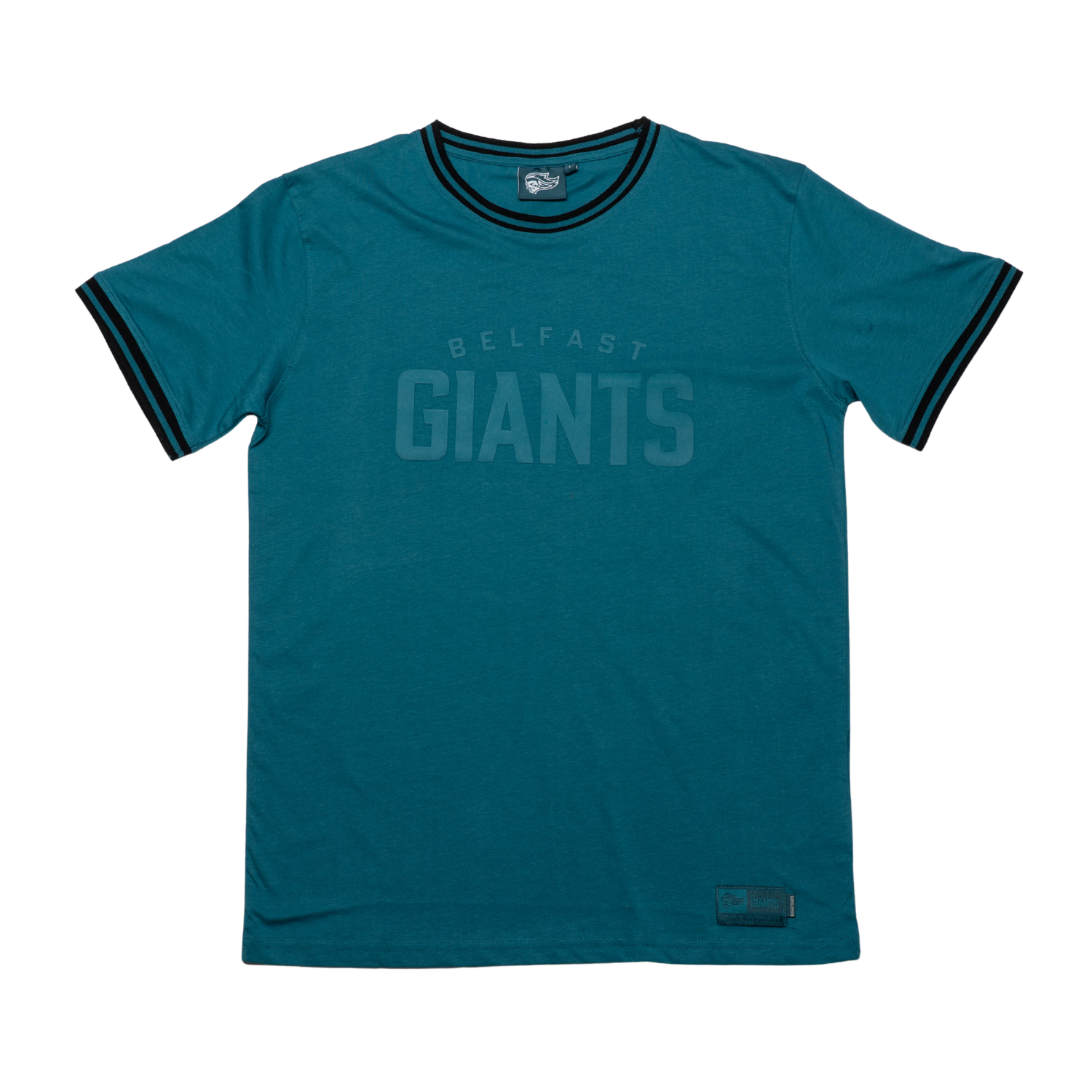Show your team spirit in the Belfast Giants Teal T-shirt Black Ribbed. This stylish tee features black trim, bold BELFAST GIANTS lettering on the chest, and a small black patch near the hem. Official gear from Belfast Giants!.