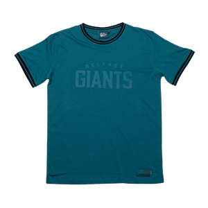 Show your team spirit in the Belfast Giants Teal T-shirt Black Ribbed. This stylish tee features black trim, bold BELFAST GIANTS lettering on the chest, and a small black patch near the hem. Official gear from Belfast Giants!.