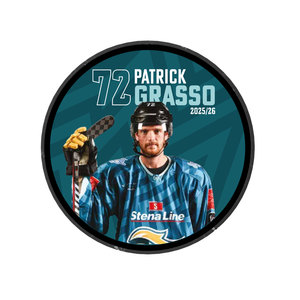 The Belfast Giants 2025-26 Player Puck is a limited edition featuring a blue-jerseyed player with stick, "72 Patrick Grasso 2025/26" text, the Stena Line logo, and a stylized background.