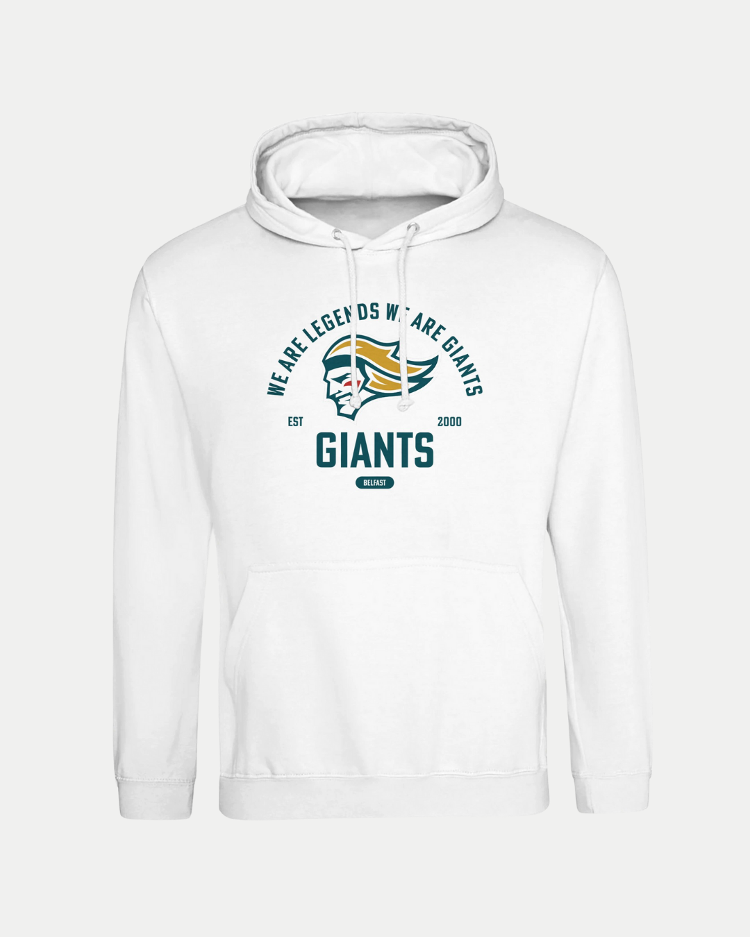 The Made To Order Giants Vintage Graphic Hoodie White by Belfast Giants is a white unisex hoodie with a stylized face in a yellow and green helmet, "WE ARE LEGENDS WE ARE GIANTS" above, and "EST 2000, GIANTS, BRAND" below—comfortable everyday wear.