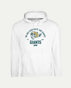 The Made To Order Giants Vintage Graphic Hoodie White by Belfast Giants is a white unisex hoodie with a stylized face in a yellow and green helmet, "WE ARE LEGENDS WE ARE GIANTS" above, and "EST 2000, GIANTS, BRAND" below—comfortable everyday wear.