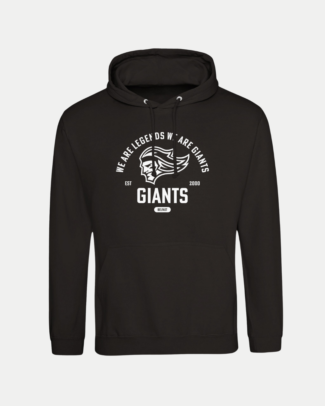 The Belfast Giants Made To Order Giants Vintage Graphic Hoodie in Black offers a super soft, unisex fit with a stylized face graphic and bold white text: WE ARE LEGENDS WE ARE GIANTS, EST 2000, GIANTS, and BEYOND.