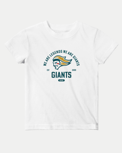 The Made To Order Giants Vintage Graphic Baby Crewneck T-shirt in white by Belfast Giants features 100% cotton, a stylized lion head, "WE ARE LEGENDS WE ARE GIANTS" above, "GIANTS" below, EST 2000 on the sides, and a small RELEGAT logo.