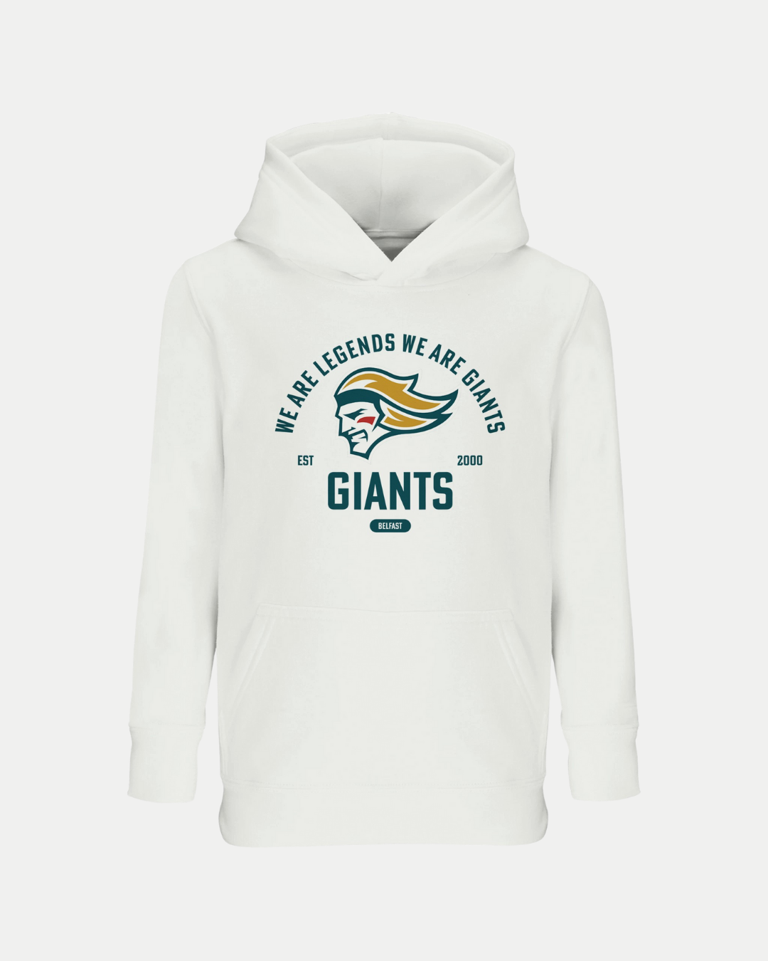 The Belfast Giants Made To Order Giants Vintage Graphic Junior Hoodie in white features a bold mascot head, "WE ARE LEGENDS WE ARE GIANTS," "EST 2000," and "GIANTS" text on the front, offering kids a unique and stylish hoodie.