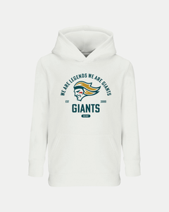 The Belfast Giants Made To Order Giants Vintage Graphic Junior Hoodie in white features a bold mascot head, "WE ARE LEGENDS WE ARE GIANTS," "EST 2000," and "GIANTS" text on the front, offering kids a unique and stylish hoodie.