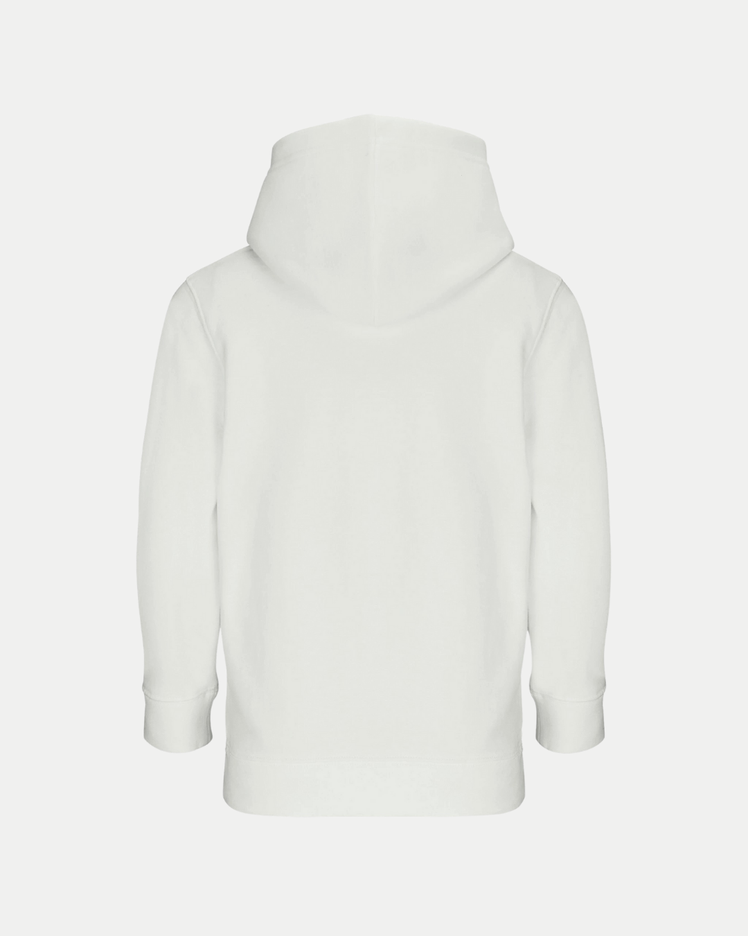 Back view of the Belfast Giants Made To Order Giants Vintage Graphic Junior Hoodie in white, featuring long sleeves. This eco-friendly kids sweatshirt blends comfort and vintage style, shown here against a white background.