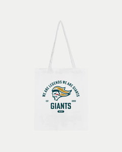 The Made To Order Giants Vintage Graphic Tote Bag White by Belfast Giants is a white 100% cotton tote featuring a stylized giant head logo and “We Are Legends We Are Giants, EST 2000, GIANTS Belfast” in blue and gold.
