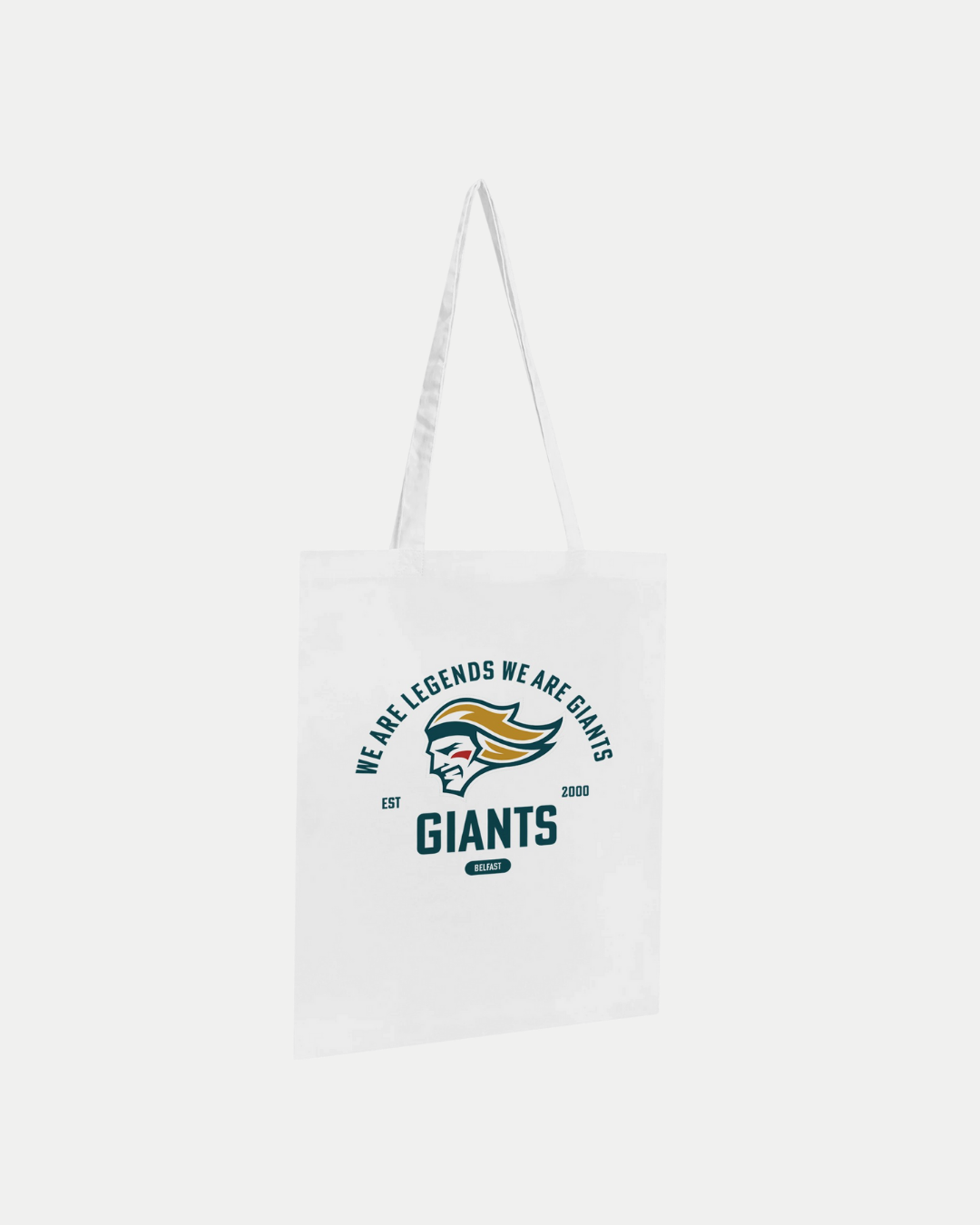 The Belfast Giants Made To Order Giants Vintage Graphic Tote Bag White is a 100% cotton tote with long handles, featuring a stylized roaring mascot head and “WE ARE LEGENDS WE ARE GIANTS, EST 2000, GIANTS” printed on the front.