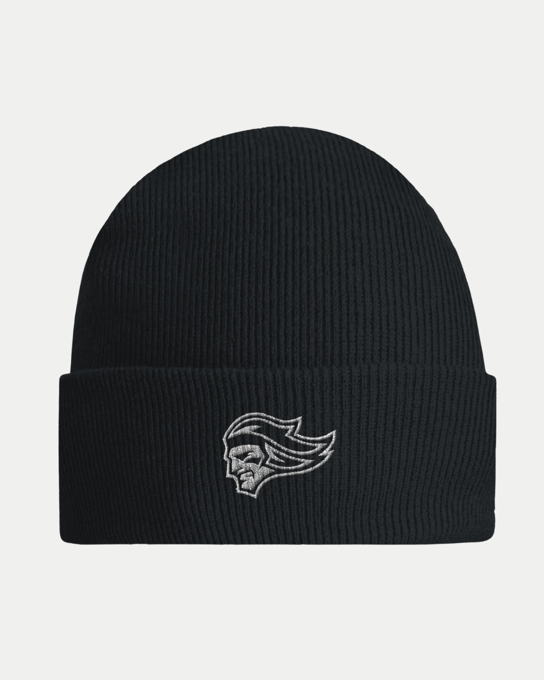 The Belfast Giants Made To Order Giants Logo Cuffed Beanie is a black ribbed knit acrylic hat featuring a white embroidered wind-swept face logo on the front fold.