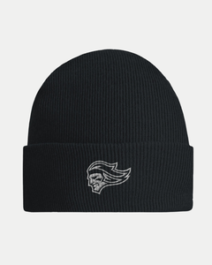 The Belfast Giants Made To Order Giants Logo Cuffed Beanie is a black ribbed knit acrylic hat featuring a white embroidered wind-swept face logo on the front fold.