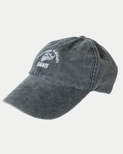 The Made To Order Giants Vintage Dad Hat by Belfast Giants features a faded black, vintage style with a curved brim, white embroidered "Giants" on the front, visible stitching, and is made from 100% brushed washed cotton for a classic worn look.