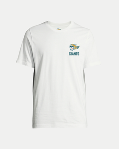 The Belfast Giants Made To Order Vintage Style Graphic T-shirt in white features a small multicolored giant head logo on the left chest. This eco-conscious unisex tee blends sustainability with classic style.