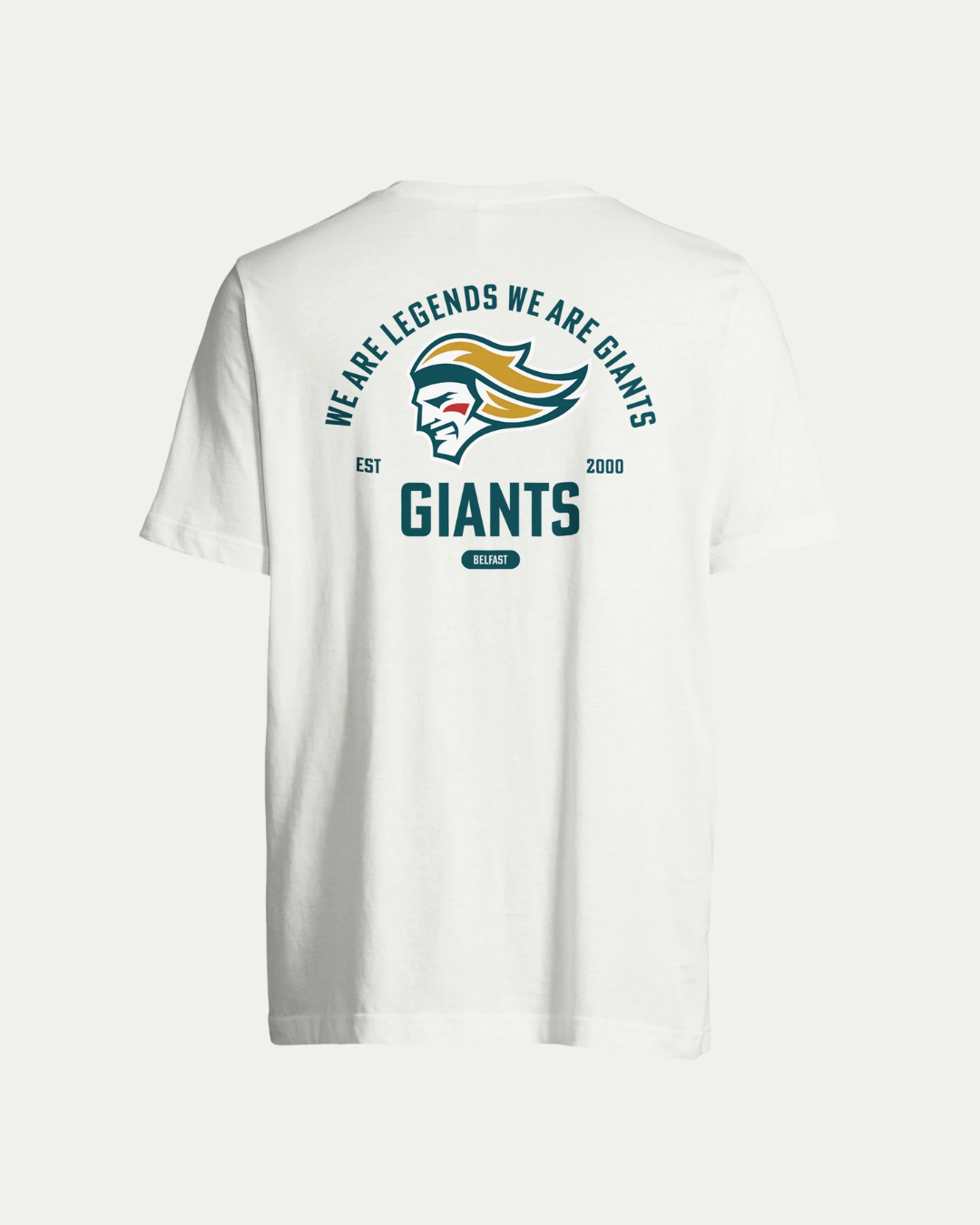The Made To Order Giants Vintage Style Graphic T-shirt White by Belfast Giants features a bold dark green and gold team logo on the back with "WE ARE LEGENDS WE ARE GIANTS, EST 2000, GIANTS, BELFAST"—an eco-conscious unisex choice.