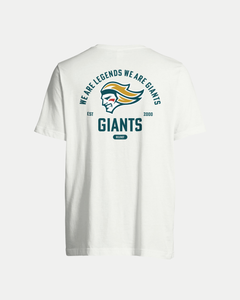 The Made To Order Giants Vintage Style Graphic T-shirt White by Belfast Giants features a bold dark green and gold team logo on the back with "WE ARE LEGENDS WE ARE GIANTS, EST 2000, GIANTS, BELFAST"—an eco-conscious unisex choice.