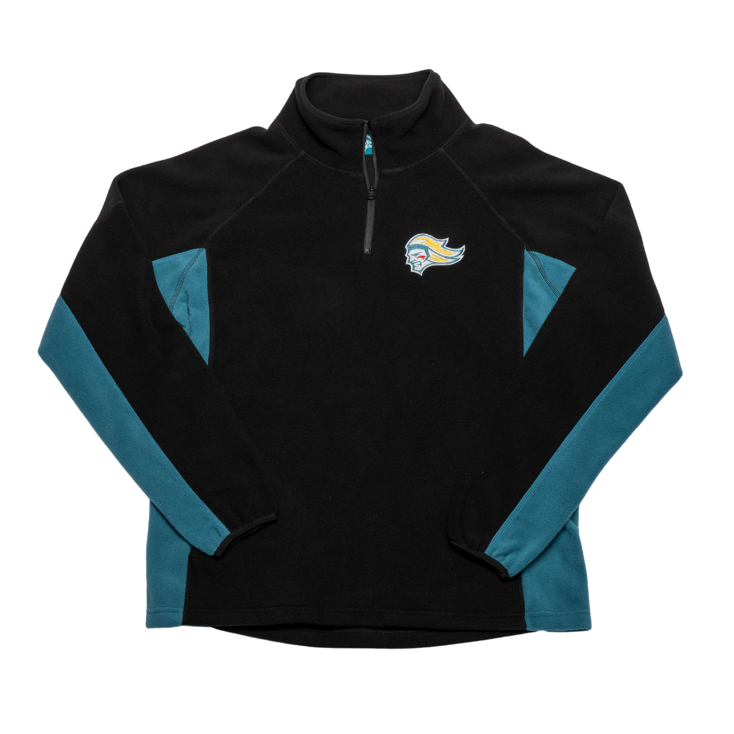 The Belfast Giants Fleece Half Zip Black is a black streetwear pullover with teal sleeve and side panels, a quarter-zip collar, and an embroidered stylized eagle head logo on the left chest.