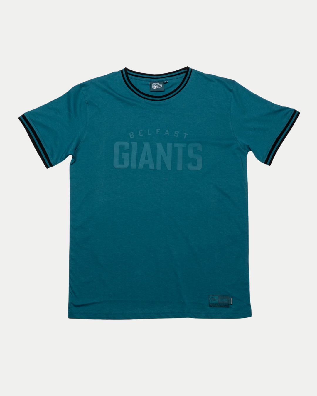 The Belfast Giants Teal t-shirt Black Ribbed features black trim on the collar and sleeves, subtle BELFAST GIANTS text on the front, and a small rectangular patch near the lower hem for a stylish, classic look.