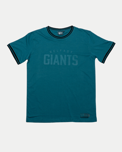The Belfast Giants Teal t-shirt Black Ribbed features black trim on the collar and sleeves, subtle BELFAST GIANTS text on the front, and a small rectangular patch near the lower hem for a stylish, classic look.