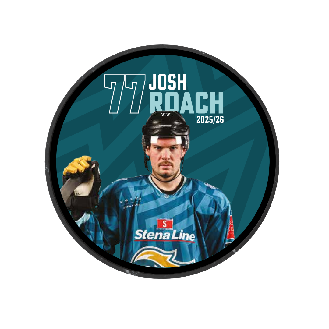 The Belfast Giants 2025-26 Player Puck is a limited edition circular puck featuring a player in blue gear with "77 Josh Roach 2025/26" and "Stena Line" on the jersey, set against a teal patterned background.