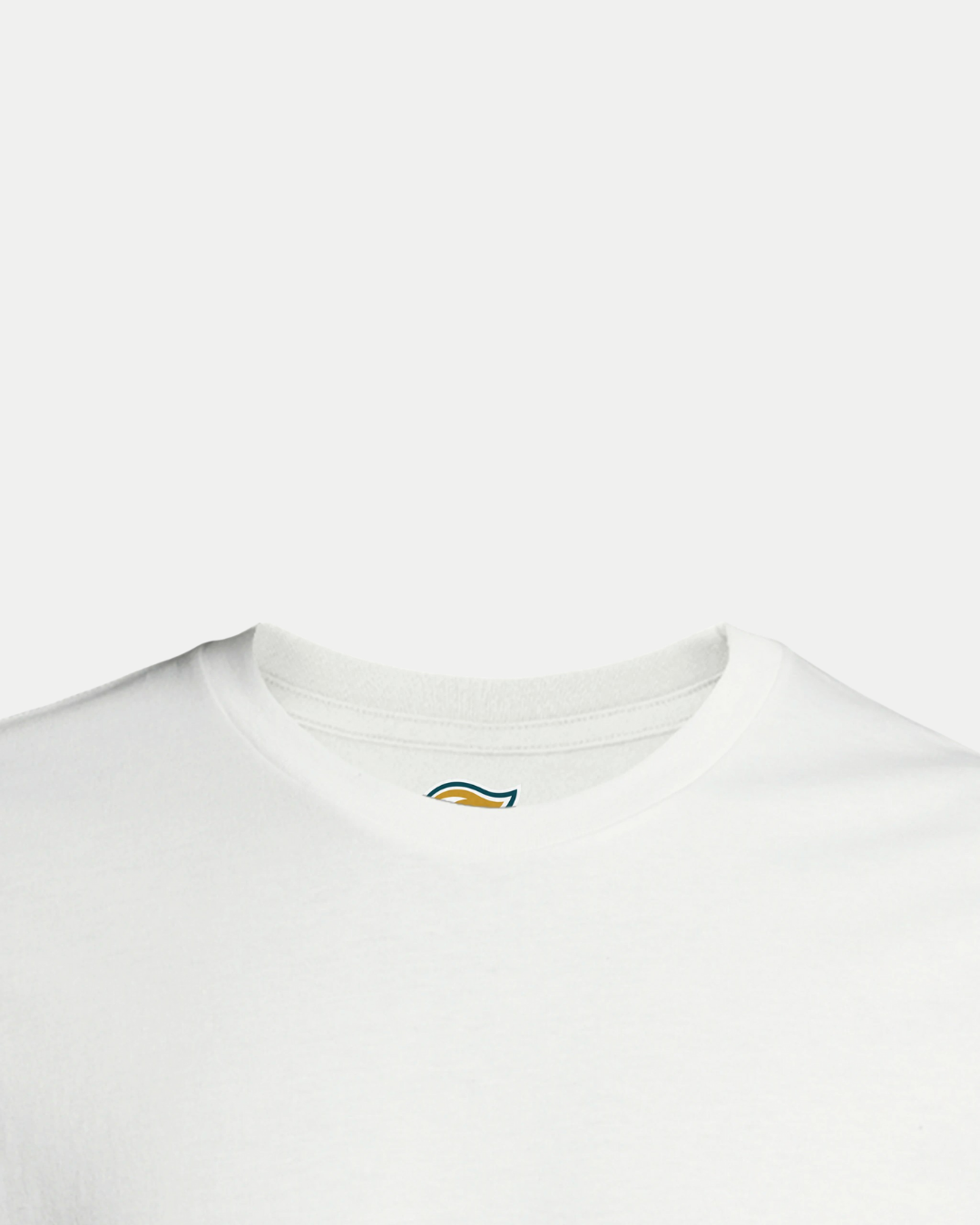 A close-up of the Belfast Giants Made To Order Vintage Style Graphic T-shirt in white, featuring the collar and upper chest against a light grey background—an ideal pick for eco-conscious wardrobes.