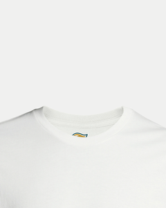 A close-up of the Belfast Giants Made To Order Vintage Style Graphic T-shirt in white, featuring the collar and upper chest against a light grey background—an ideal pick for eco-conscious wardrobes.