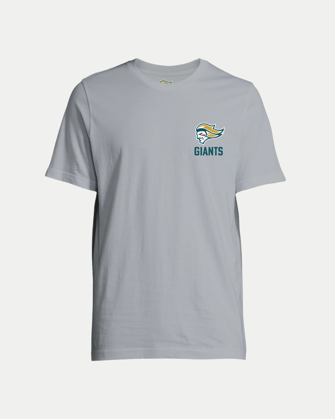 The Made To Order Giants Vintage Style Graphic T-shirt Grey by Belfast Giants is a light gray unisex eco-conscious tee with a stylized bird head logo and "GIANTS" in blue and yellow on the left chest, shown on a plain white background.