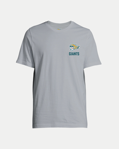 The Made To Order Giants Vintage Style Graphic T-shirt Grey by Belfast Giants is a light gray unisex eco-conscious tee with a stylized bird head logo and "GIANTS" in blue and yellow on the left chest, shown on a plain white background.