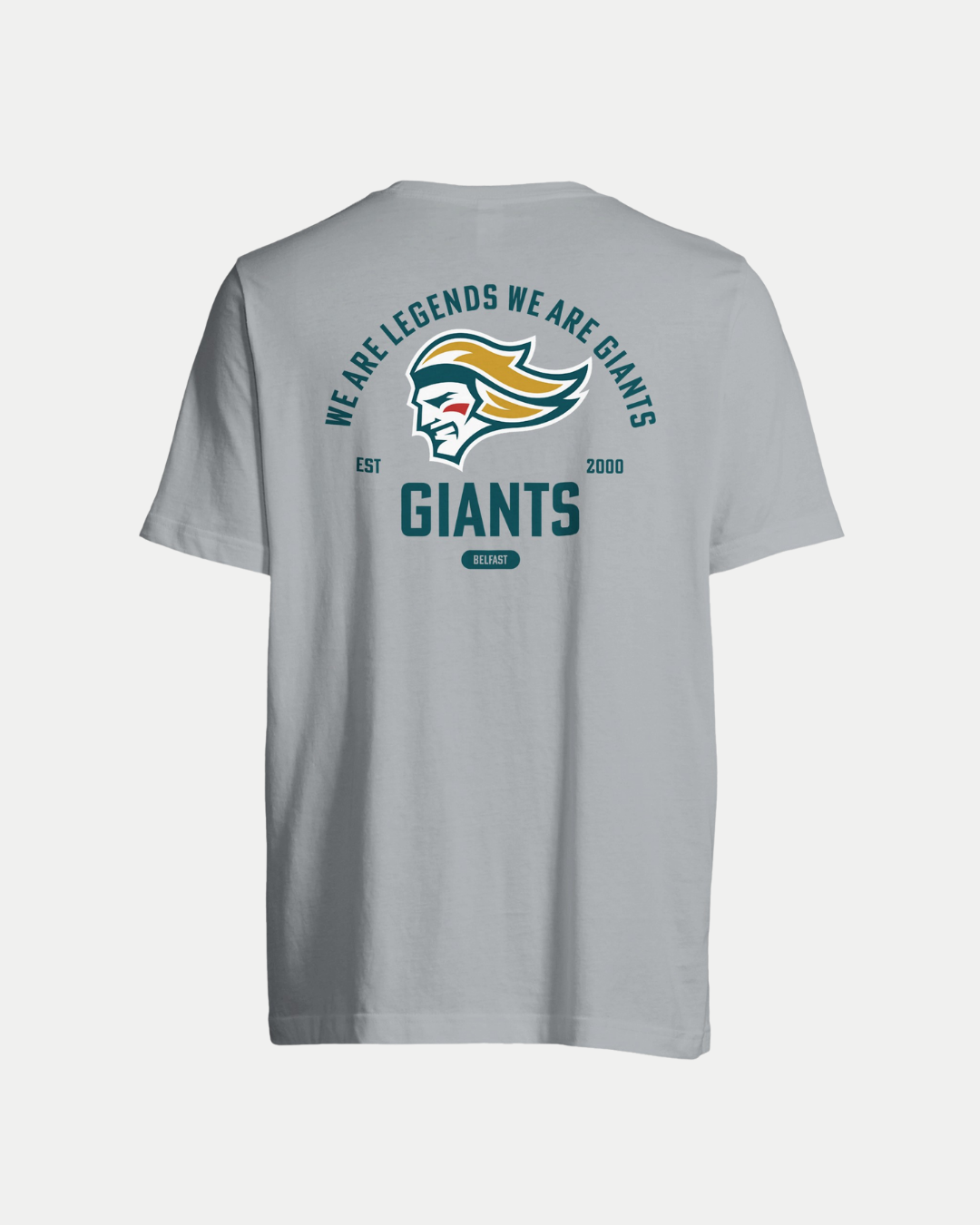 The Made To Order Giants Vintage Style Graphic T-shirt in grey by Belfast Giants features a stylized giant’s head and slogan graphics on the back, including "WE ARE LEGENDS WE ARE GIANTS," "EST 2000," "GIANTS," and a small oval with "BELFAST.