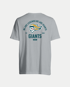 The Made To Order Giants Vintage Style Graphic T-shirt in grey by Belfast Giants features a stylized giant’s head and slogan graphics on the back, including "WE ARE LEGENDS WE ARE GIANTS," "EST 2000," "GIANTS," and a small oval with "BELFAST.