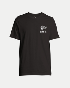 The Belfast Giants Made To Order Vintage Style Graphic T-shirt in black features a small white stylized head and "GIANTS" on the left chest. This eco-conscious unisex shirt is shown on a plain white background.