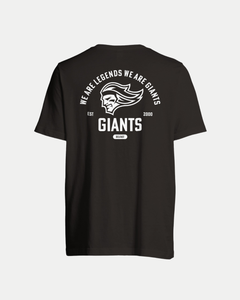 The Belfast Giants Made To Order Vintage Style Graphic T-shirt in black features a bold white graphic on the back with a stylized head and the texts "WE ARE LEGENDS WE ARE GIANTS," "EST 2000," "GIANTS," and "ORIGINAL.