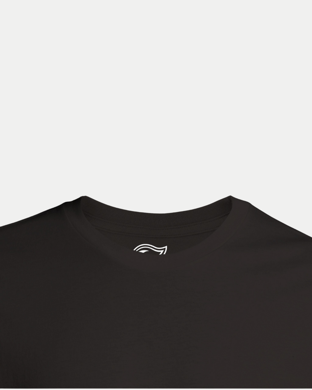 A close-up of the neckline of the Belfast Giants Made To Order Giants Vintage Style Graphic T-shirt in black, featuring a small white feather-like logo inside the collar against a plain white background.