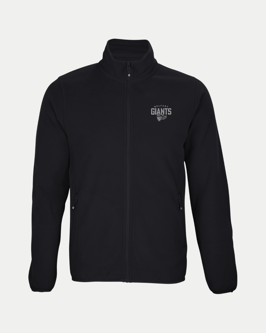 The Made To Order Belfast Giants Micro-Fleece Zip Jacket Black by Belfast Giants is a unisex recycled polyester jacket with long sleeves, two zippered side pockets, and the team logo on the upper left chest.