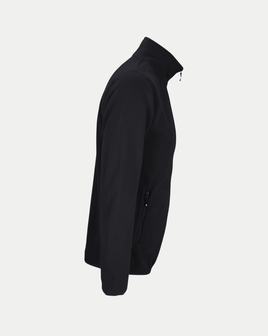 The Belfast Giants Made To Order Micro-Fleece Zip Jacket in black, shown from the side on a white background, features a stand-up collar and zippered side pocket.