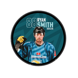 The Belfast Giants 2025-26 Player Puck is a circular, limited edition ice hockey puck featuring a player in blue gear with "88 Ryan Smith 2025/26" in white and sponsor logos over a subtle teal patterned background.