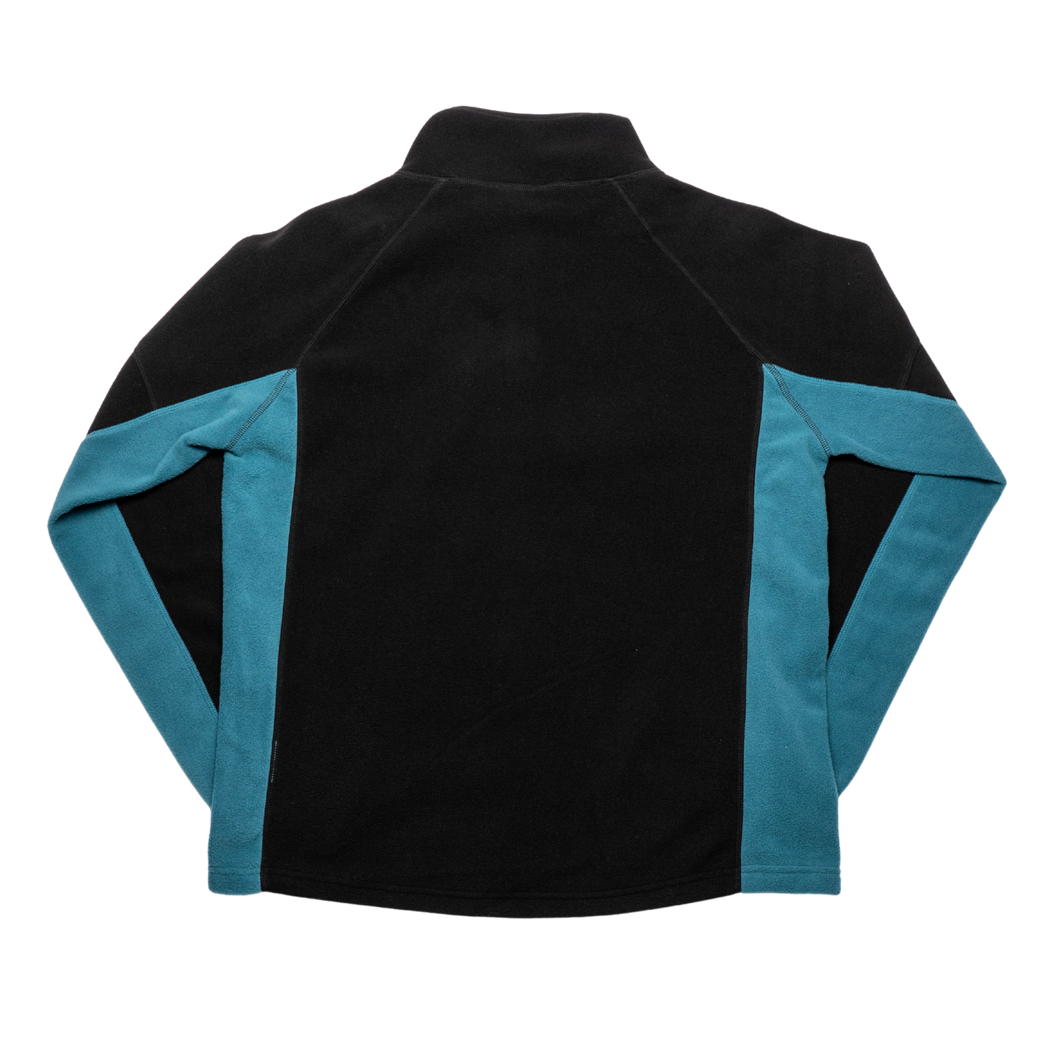 The Belfast Giants Fleece Half Zip Black features a black body, teal panels on the sleeves and sides, and a subtle Belfast Giants crest, shown here from the back with its streetwear-inspired long-sleeve design.