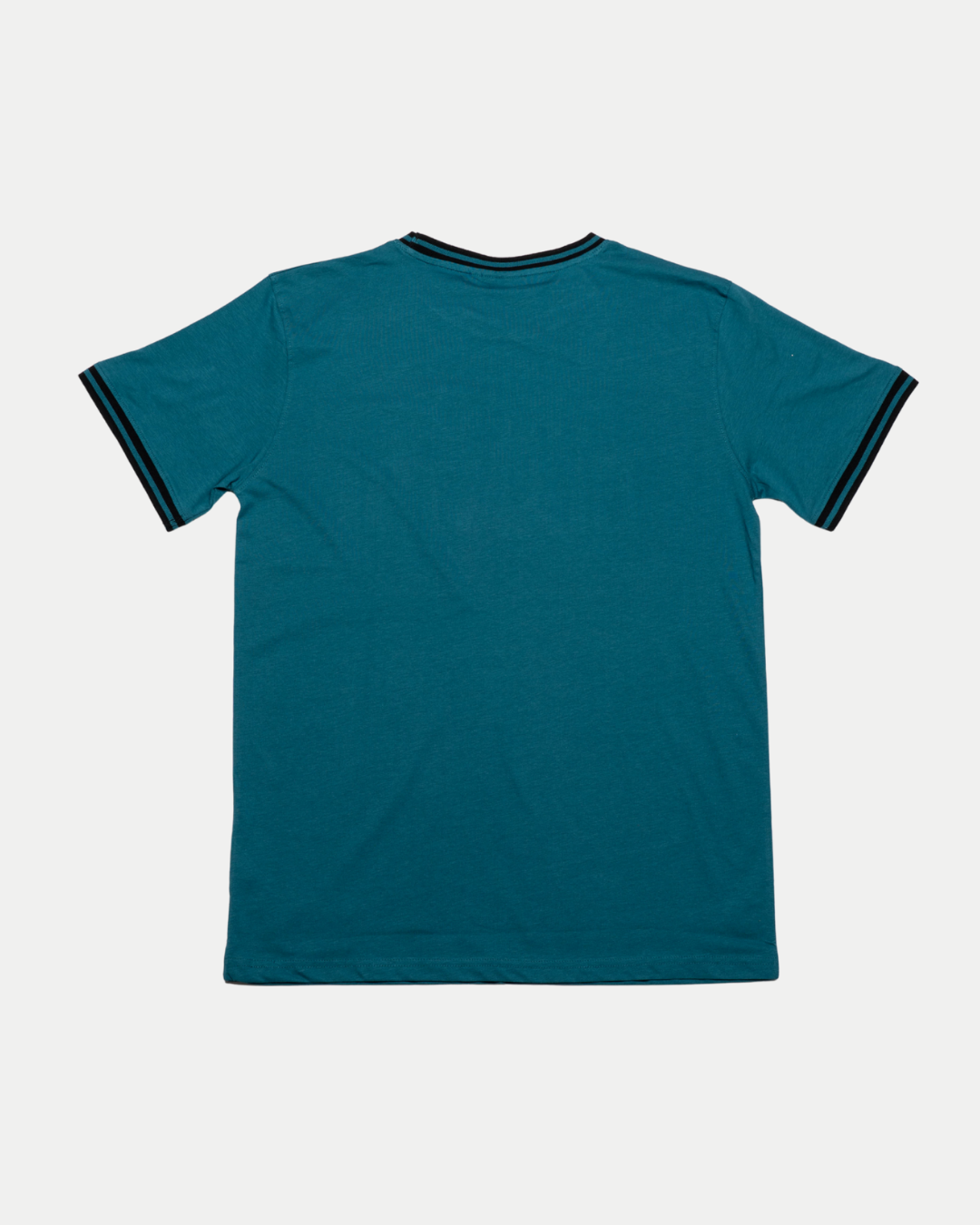 The Belfast Giants Teal t-shirt Black Ribbed is shown laid flat, back view. Black and white striped accents trim the sleeves and crew neckline for a classic look. The shirt is displayed against a white background.