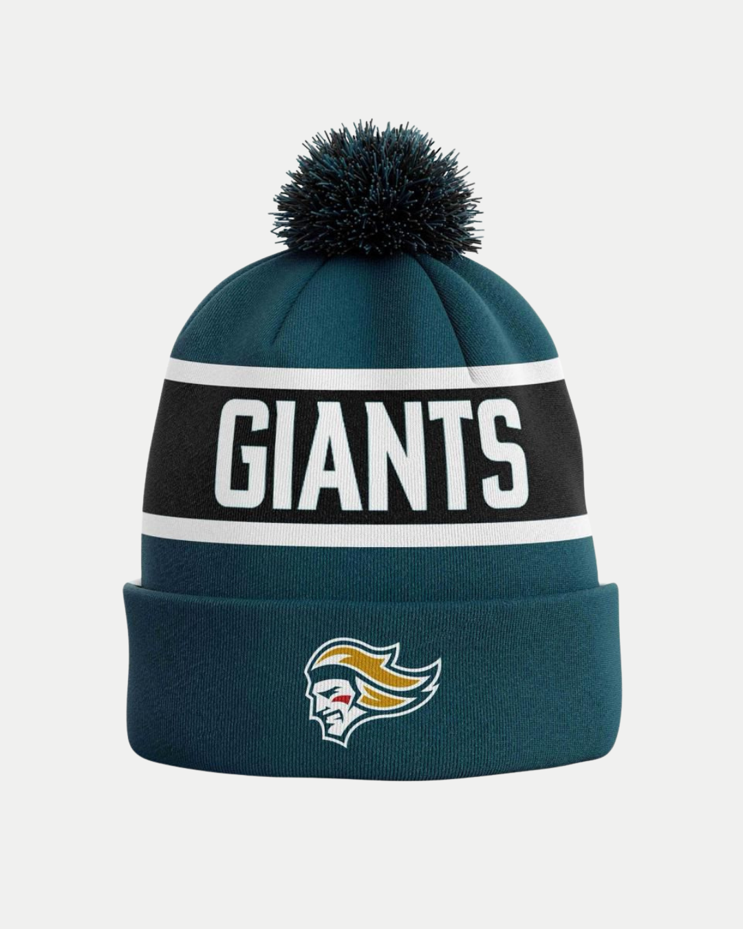 The Belfast Giants Noggin Beanie Teal by Belfast Giants is a teal and black beanie with a pom-pom, bold white "GIANTS" lettering, and the team’s dynamic face logo with flowing hair on the front cuff.