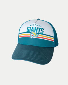 The Belfast Giants Cap Teal/White Peak features the team's name, a giant logo, colorful front stripes, a curved brim, and mesh sides. Official merchandise by Belfast Giants.