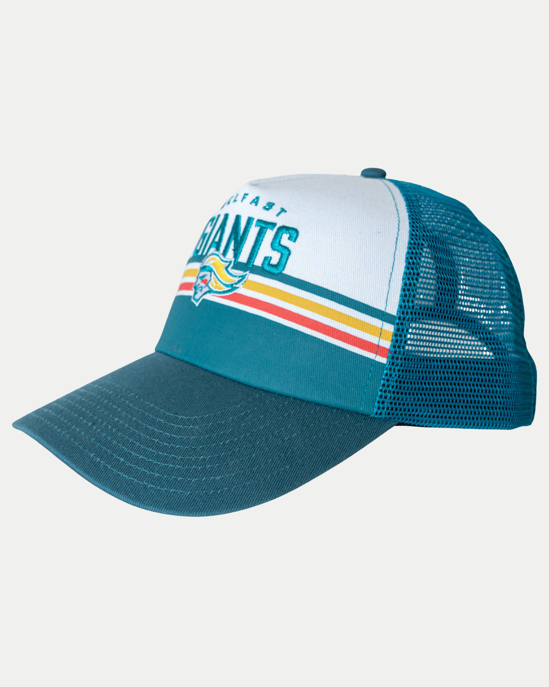 The Belfast Giants Cap Teal/White Peak by Belfast Giants features a teal brim, white mesh back, and colorful yellow, red, and teal curved stripes. The front displays "Belfast Giants" text with a stylized team logo.