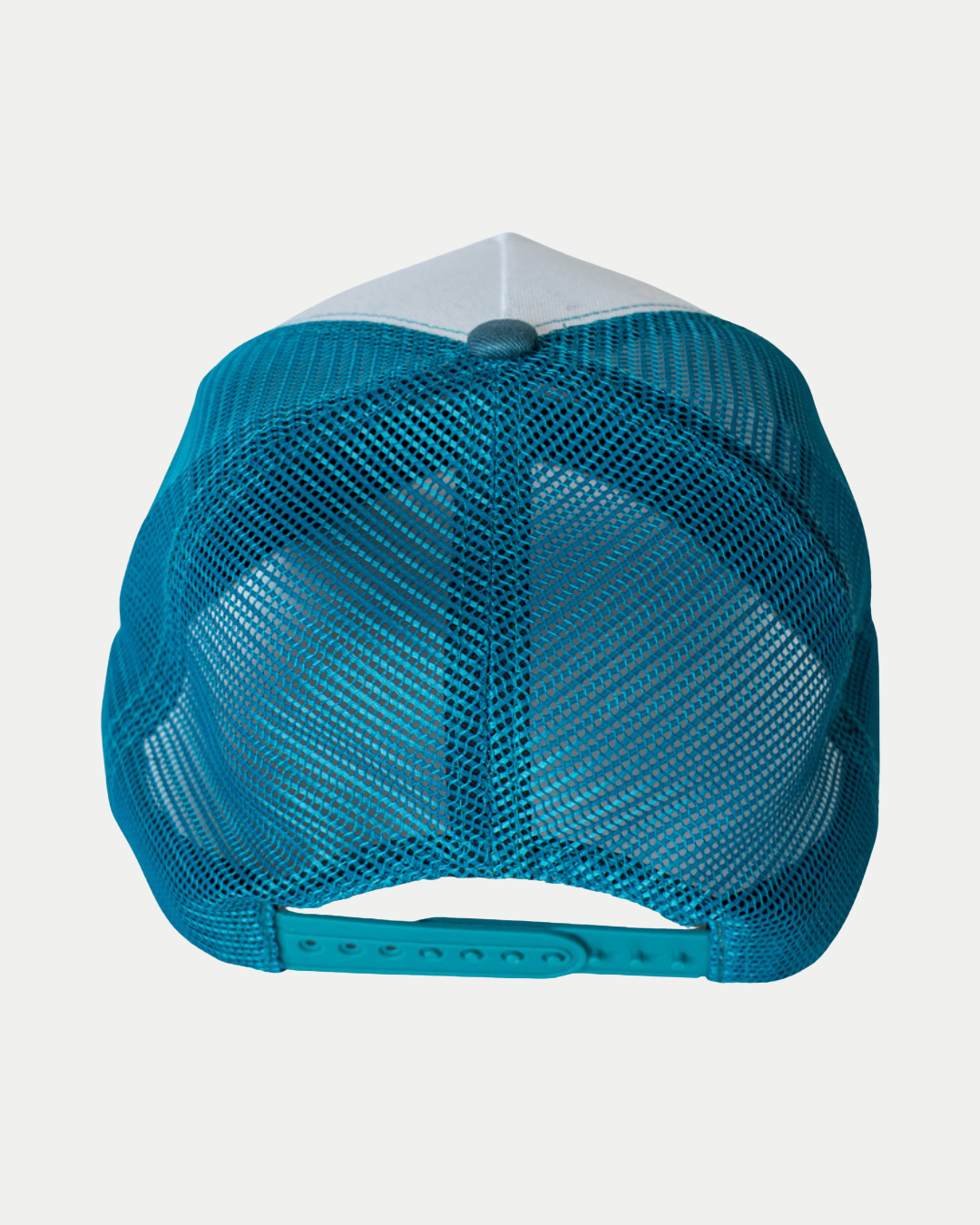 The Belfast Giants Cap Teal/White Peak is a blue mesh trucker hat viewed from the back, featuring an adjustable snap closure and breathable mesh material.