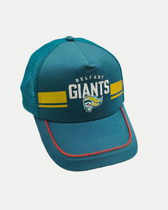 The Belfast Giants Cap Teal/Gold Stripe features a trucker style with a mesh back, teal color, bold Belfast Giants text and logo, yellow/gold stripes, and red trim on the bill.