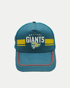 The Belfast Giants Cap Teal/Gold Stripe by Belfast Giants features yellow stripes, red piping on the brim, and "Belfast Giants" text above the team's mascot logo on the front.