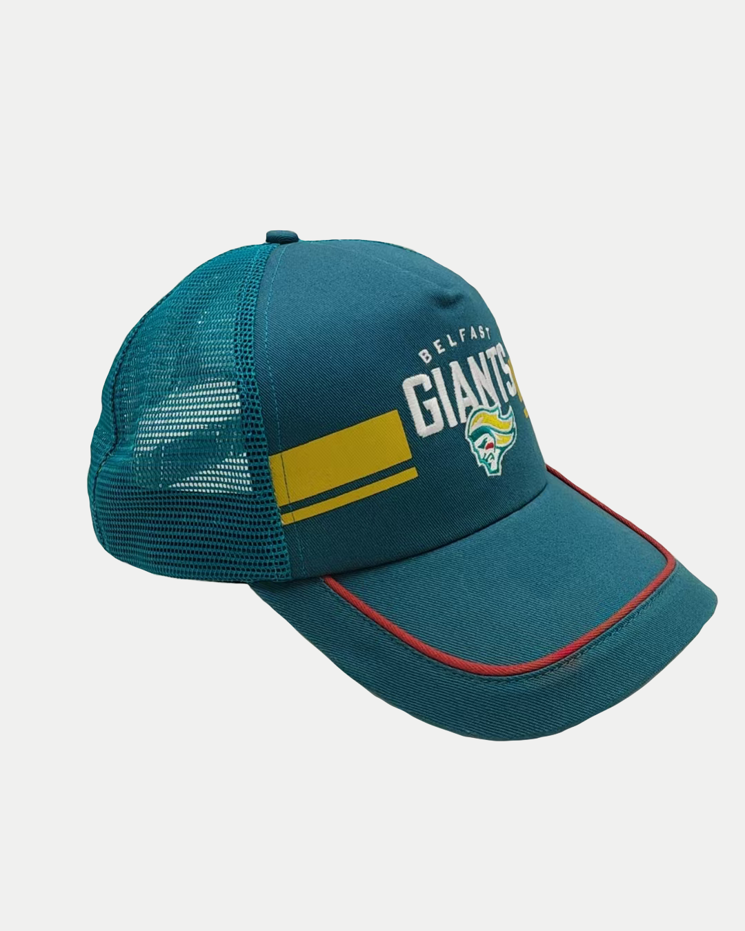 The Belfast Giants Cap Teal/Gold Stripe features the team's name, logo, yellow and white stripes, red trim on the brim, and a mesh back. Brand: Belfast Giants.