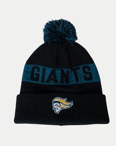 The Belfast Giants Black Beanie Head Logo by Belfast Giants features a bold blue GIANTS stripe, yellow-haired head logo on the cuff, and a pom-pom top for standout style.