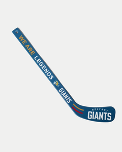 The Belfast Giants Mini Hockey Stick We are Legends features bold red and yellow stripes, team logos, and “WE ARE LEGENDS GIANTS” on the shaft with “BELFAST GIANTS” on the blade for a standout look.
